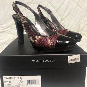 Tahari Kristen women's slingback 6.5M wine-brown cream snake-skin pattern heels
